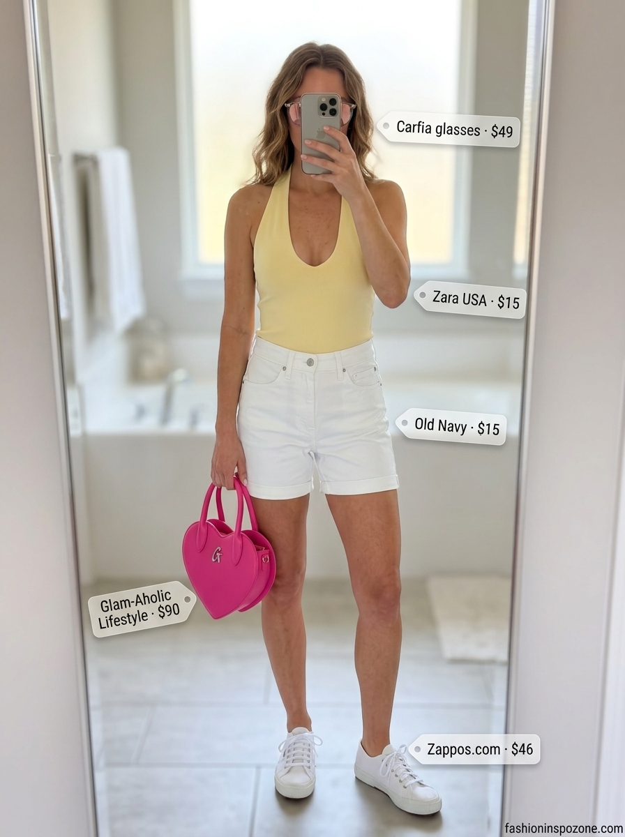 Fun yellow backless summer halter top outfits 2026 with white denim shorts and colorful sunglasses for vacation.