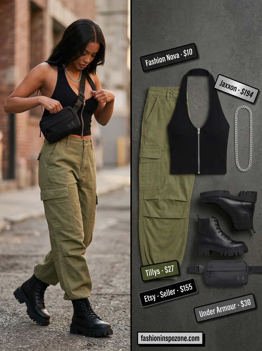 Black backless summer halter top outfits 2026 with cargo pants for urban exploration.