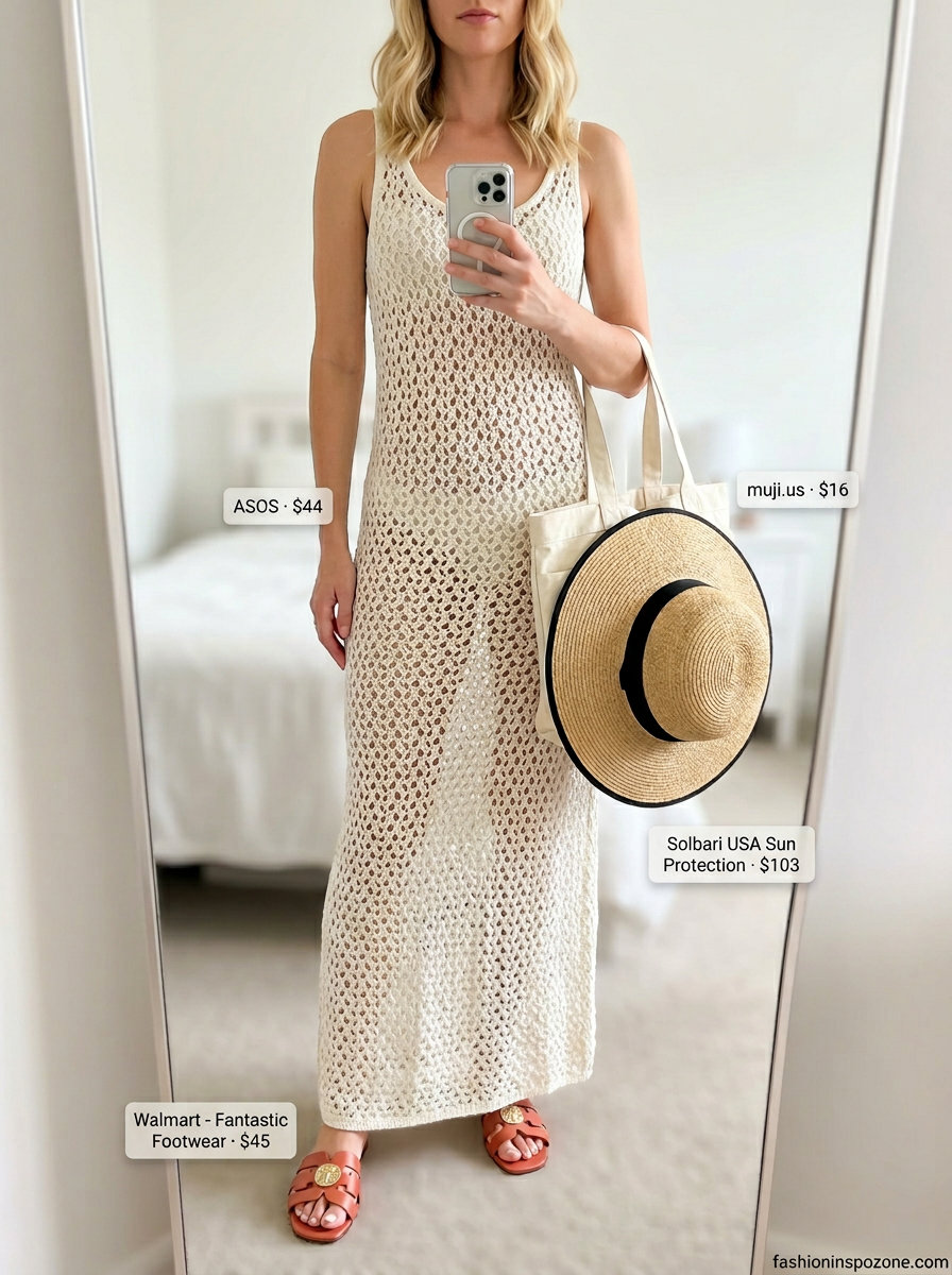 Boho summer maxi dress outfits 2026: Cream crochet dress with flat sandals and large tote for the beach.