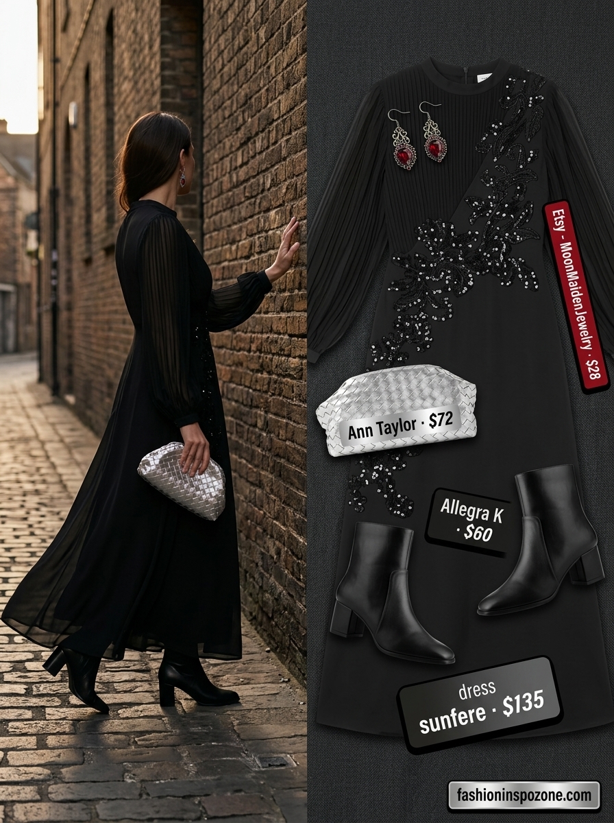 Boho summer maxi dress outfits 2026: Black floral embroidered dress with heeled boots and silver clutch.