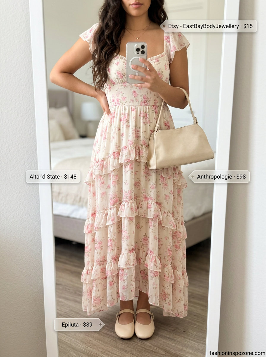 Boho summer maxi dress outfits 2026: Blush pink floral dress with cream ballet flats and beige bag for a romantic day out.
