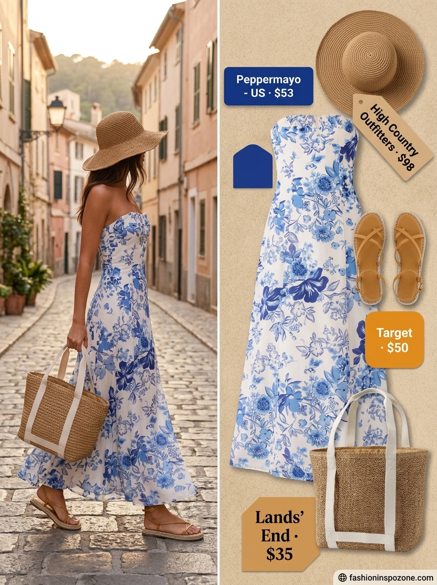 Boho summer maxi dress outfits 2026: Sky blue floral linen maxi dress with straw hat, espadrilles, and woven tote for vacation.