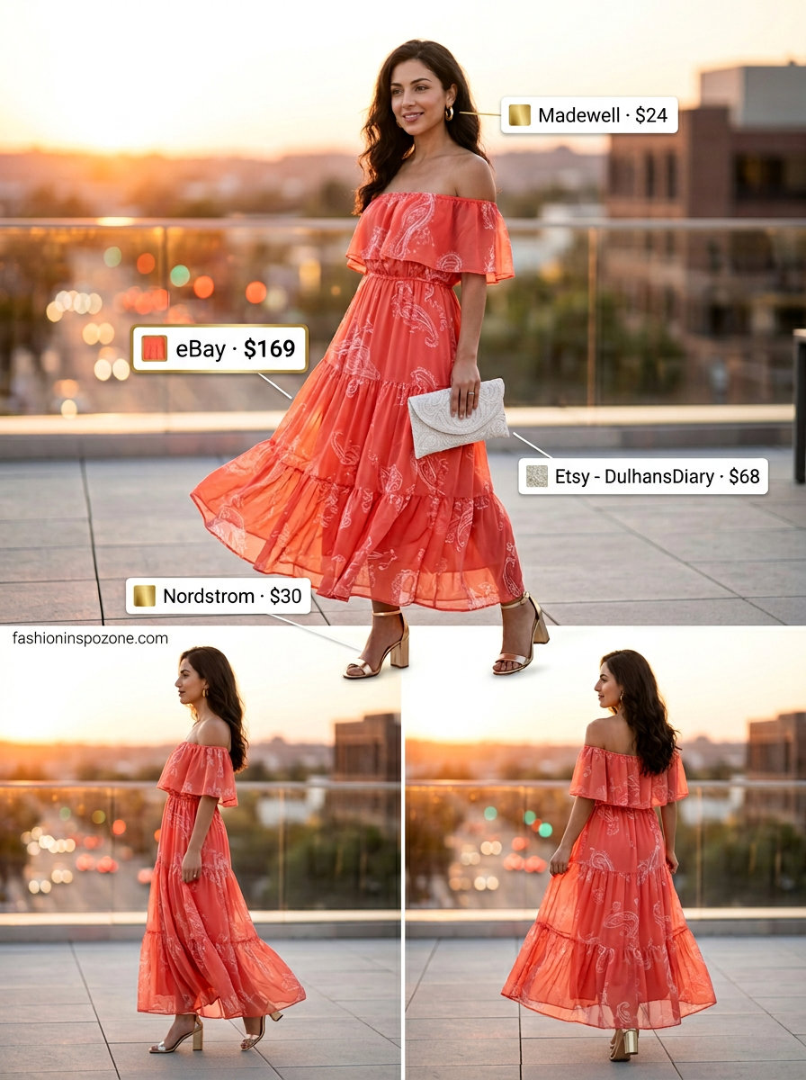 Boho summer maxi dress outfits 2026: Coral paisley dress, gold heels, satin clutch for date night.