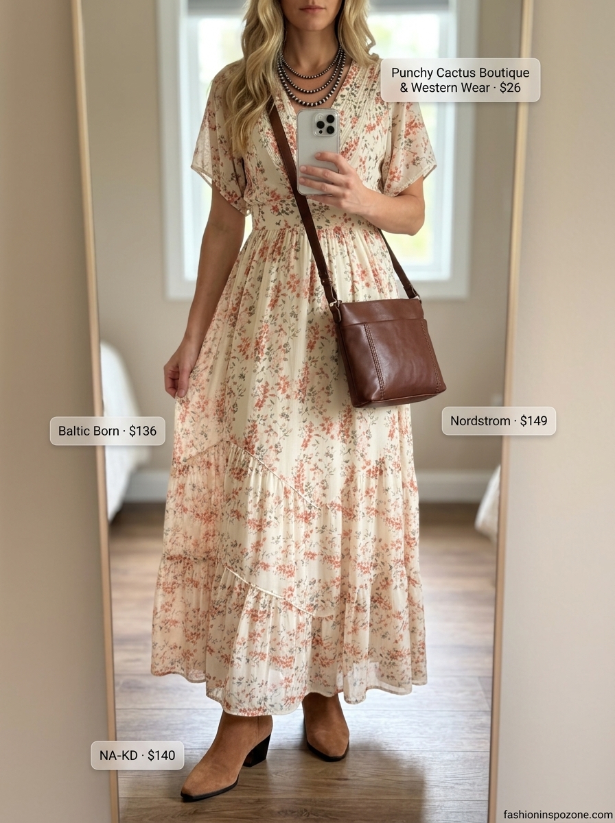 Boho summer maxi dress outfits 2026: Rust maxi dress with tan boots, leather crossbody, and silver necklaces for desert adventures.
