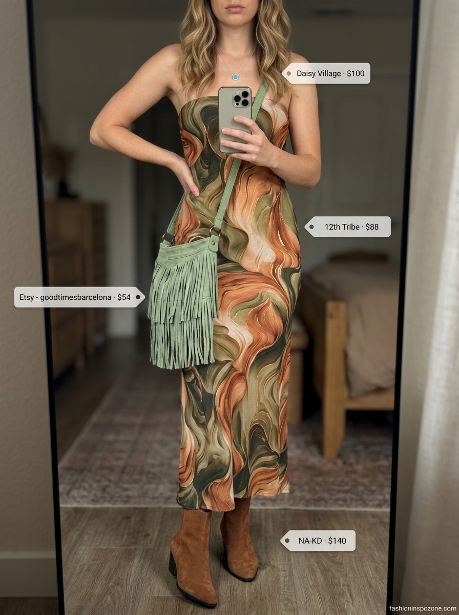 Boho summer maxi dress outfits 2026: Terracotta crinkled maxi dress with suede boots, turquoise necklace, and fringe bag.