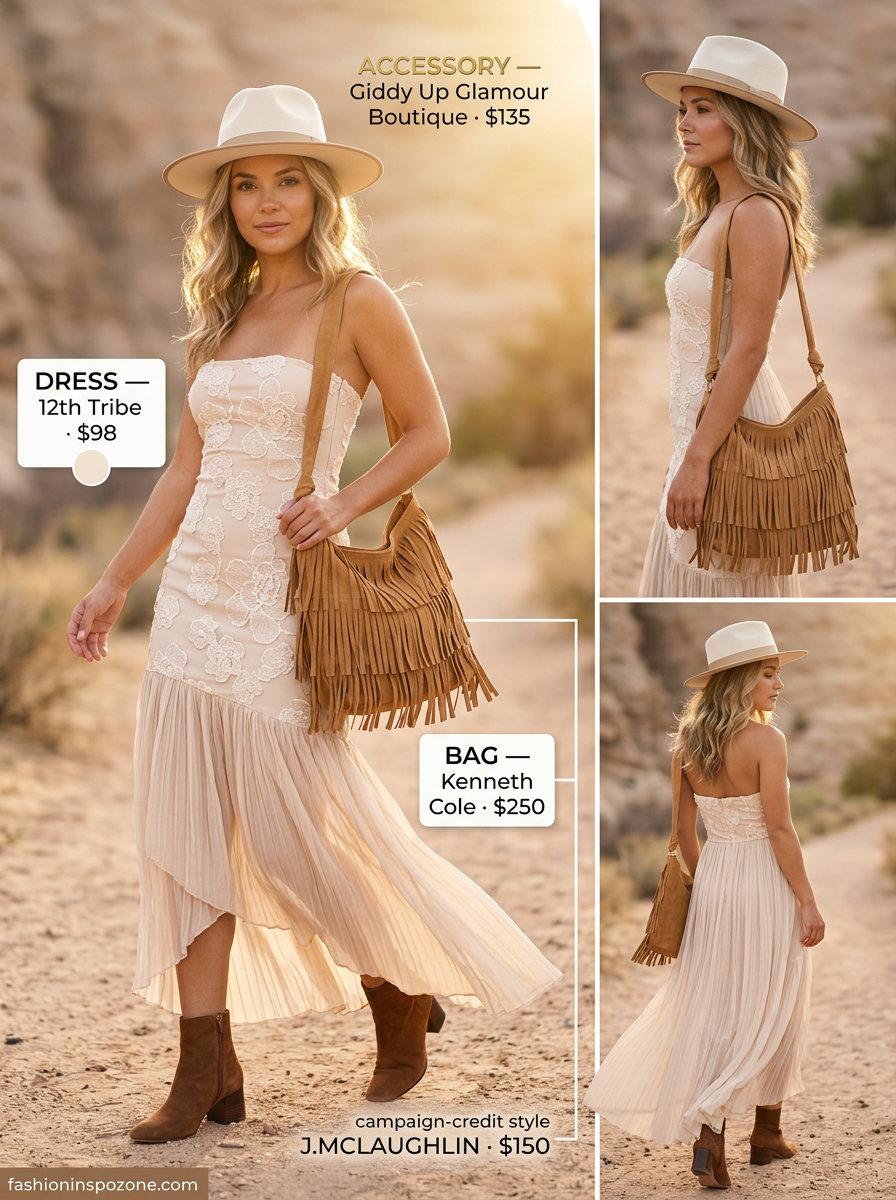 Boho summer maxi dress outfits 2026: Dusty rose embroidered dress, suede boots, wide-brimmed hat.