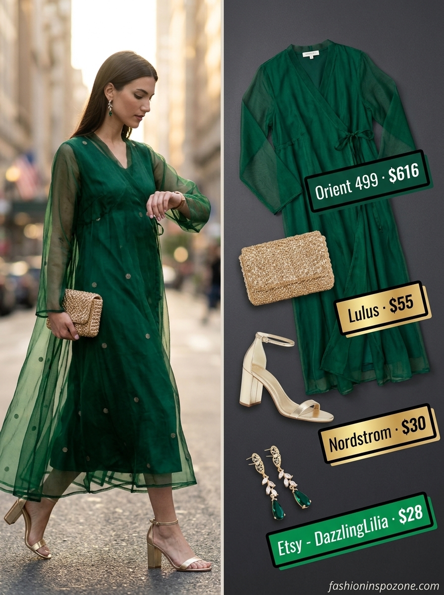 Boho summer maxi dress outfits 2026: Emerald green silk maxi dress with gold embroidery, gold sandals, and clutch for events.