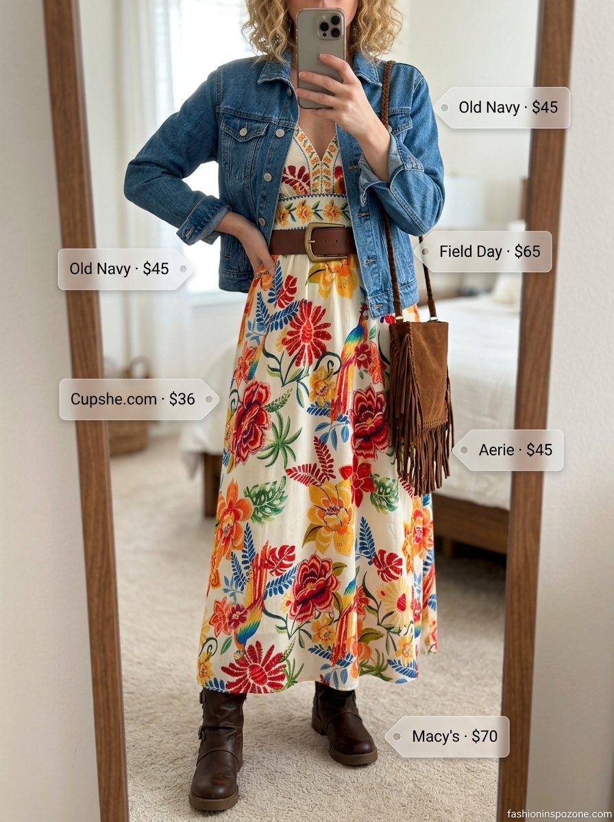 Boho summer maxi dress outfits 2026: Vibrant floral dress with denim jacket and ankle boots for a festival.