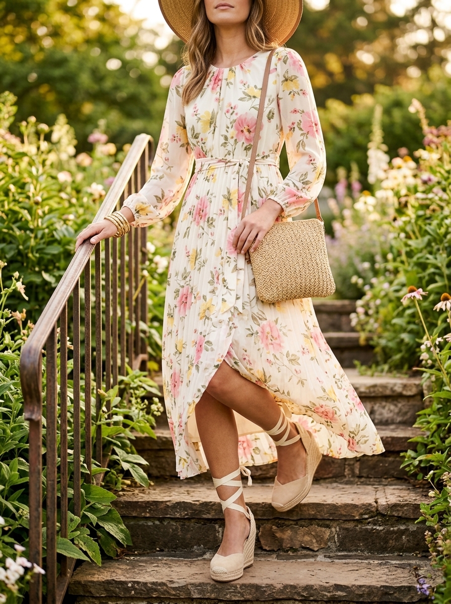 Boho summer maxi dress outfits 2026: Pink floral maxi dress with straw hat, espadrilles, and crossbody for garden parties.