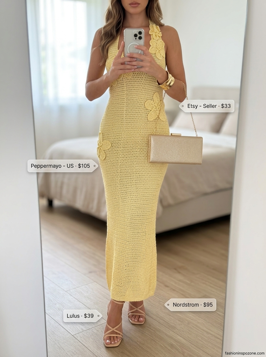 Boho summer maxi dress outfits 2026: Golden yellow crochet maxi dress with gold cuff, metallic clutch, and cream sandals.