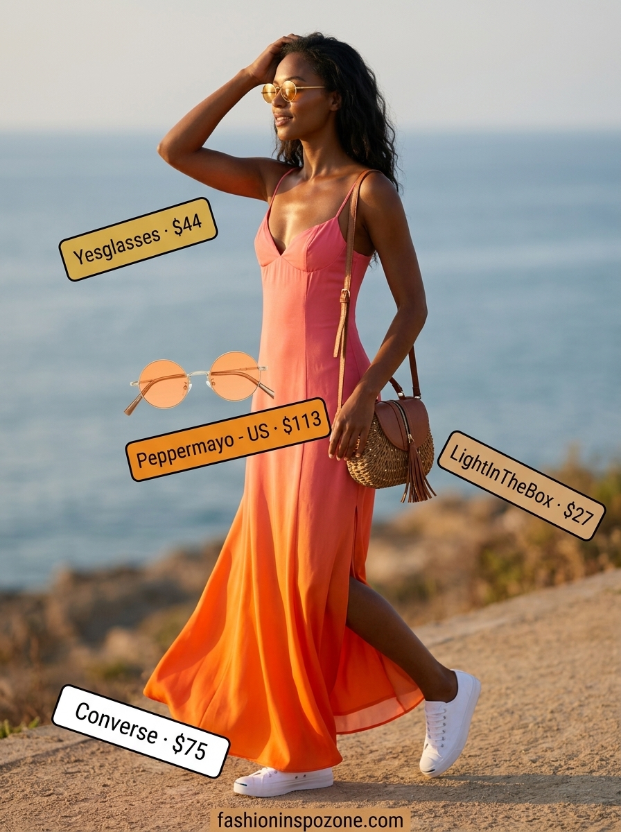 Boho summer maxi dress outfits 2026: Gradient print dress with sneakers and crossbody bag for a playful look.