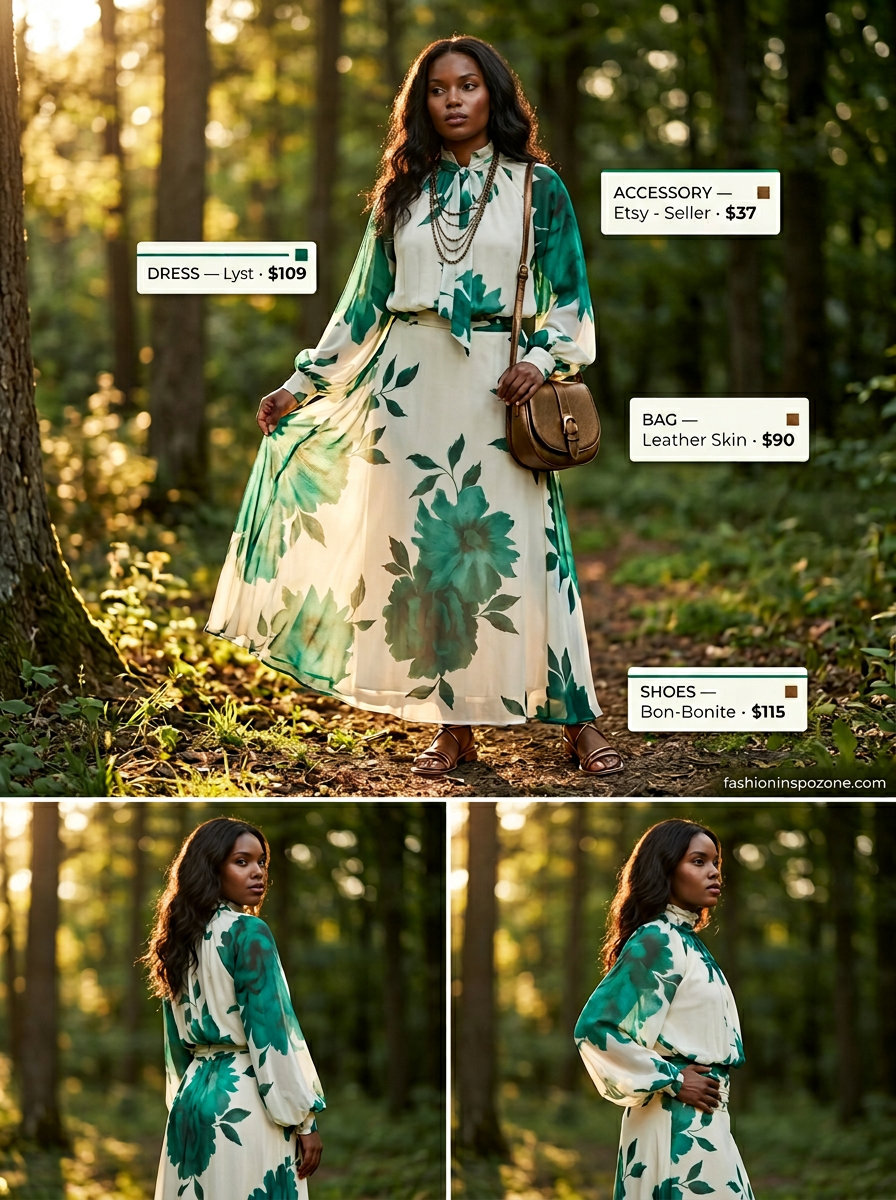 Boho summer maxi dress outfits 2026: Green floral dress, bronze sandals, layered necklaces.