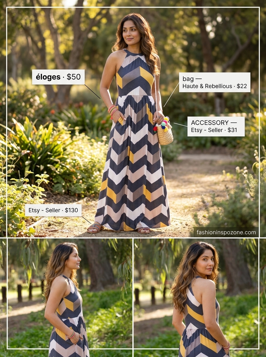 Boho summer maxi dress outfits 2026: Indigo print dress, embellished sandals, pom-pom tote.