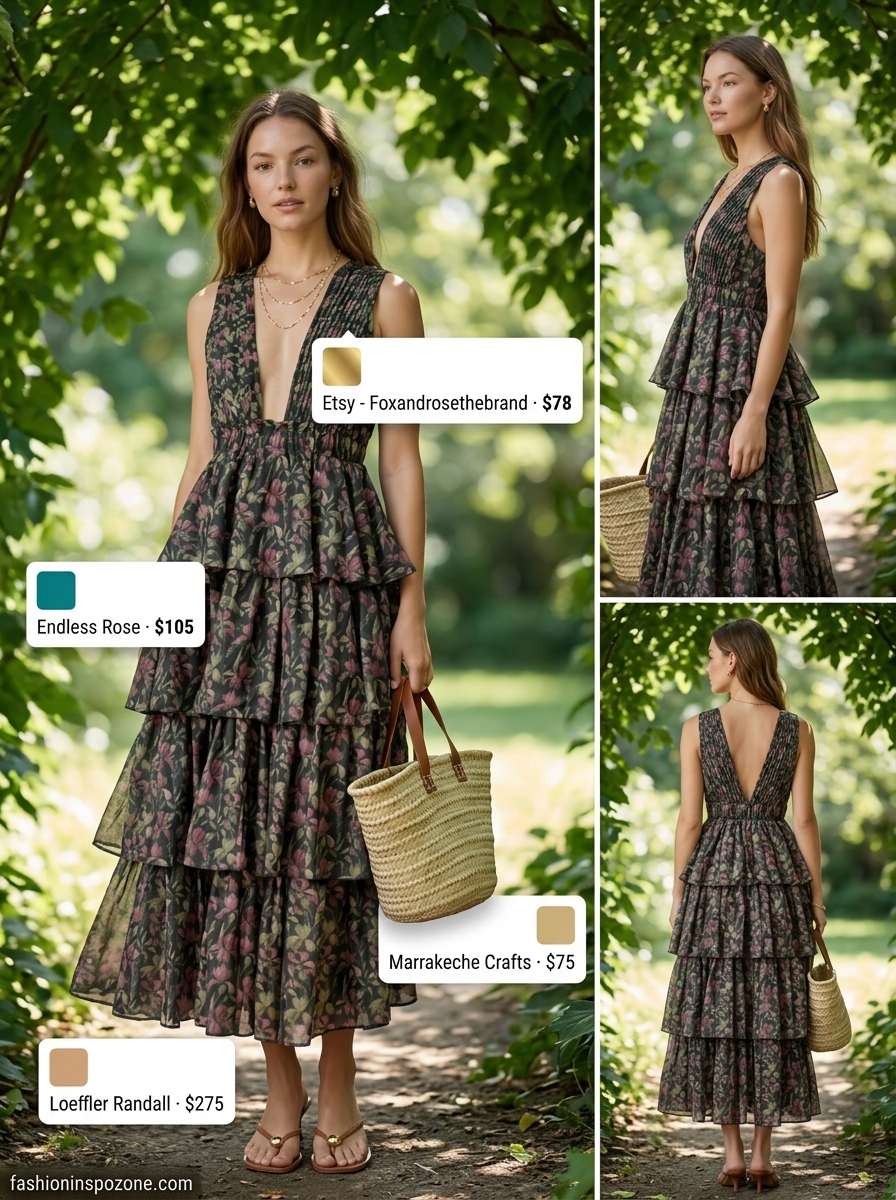 Boho summer maxi dress outfits 2026: Multicolor floral tiered dress with leather sandals and straw tote.