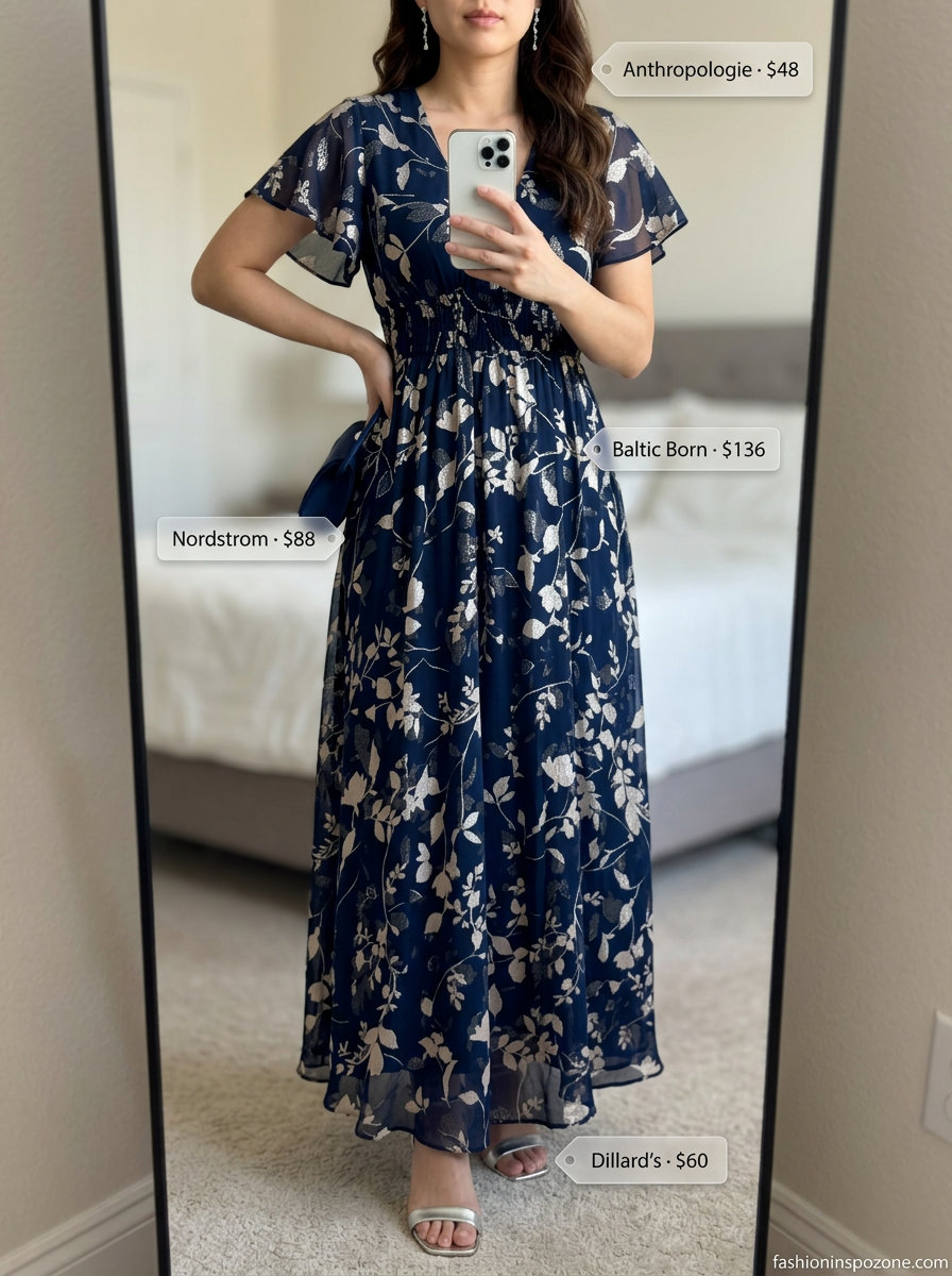 Boho summer maxi dress outfits 2026: Navy celestial dress, silver heels, satin clutch for evening.