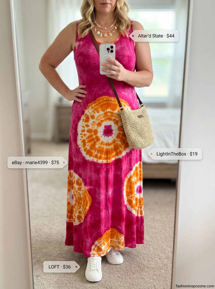 Boho summer maxi dress outfits 2026: Pink tie-dye dress, white sneakers, straw bag for festival.