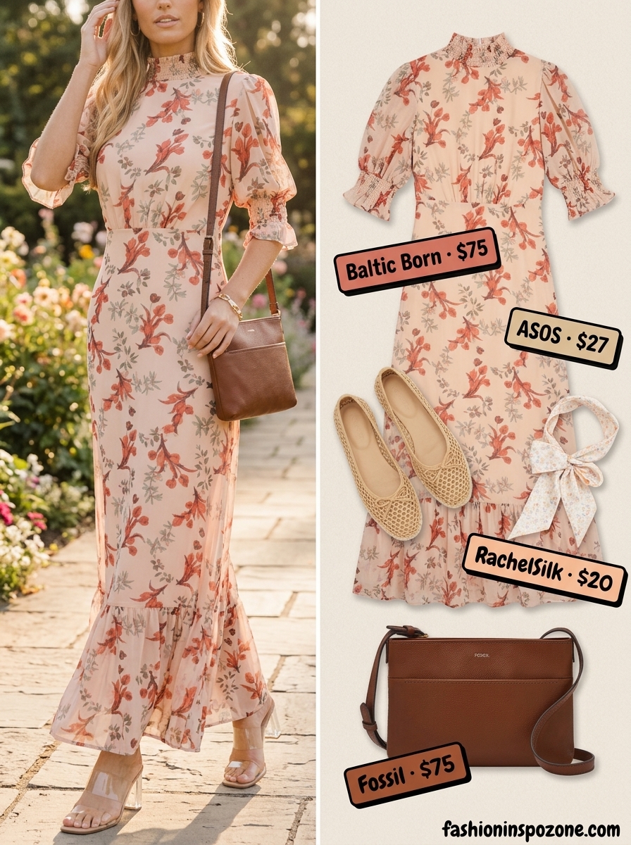 Boho summer maxi dress outfits 2026: Muted floral prairie dress with espadrille flats and silk scarf.