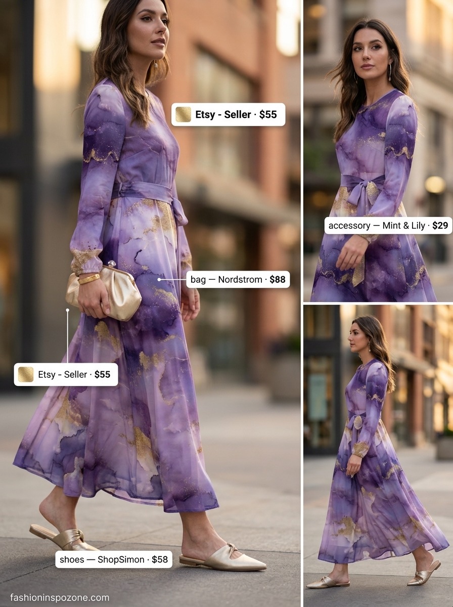 Boho summer maxi dress outfits 2026: Purple abstract dress, gold clutch, hammered cuff bracelet.