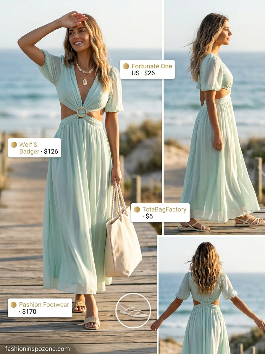 Boho summer maxi dress outfits 2026: Seafoam dress, leather slides, canvas tote for coastal vibes.