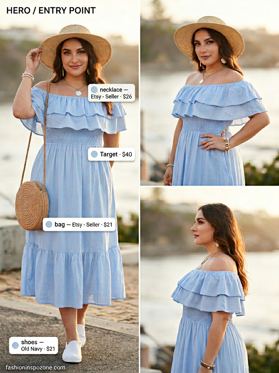 Boho summer maxi dress outfits 2026: Sky blue off-the-shoulder dress with white sneakers and straw bag.