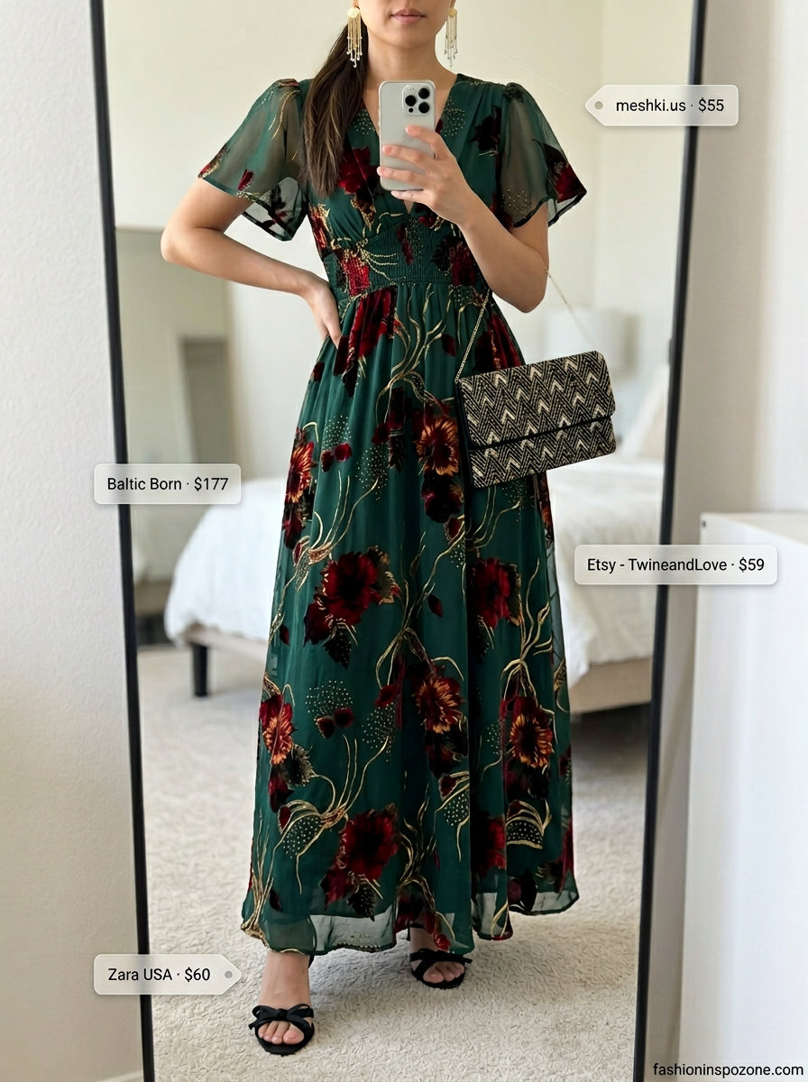 Boho summer maxi dress outfits 2026: Deep teal velvet dress with gold earrings and heeled sandals for evening.