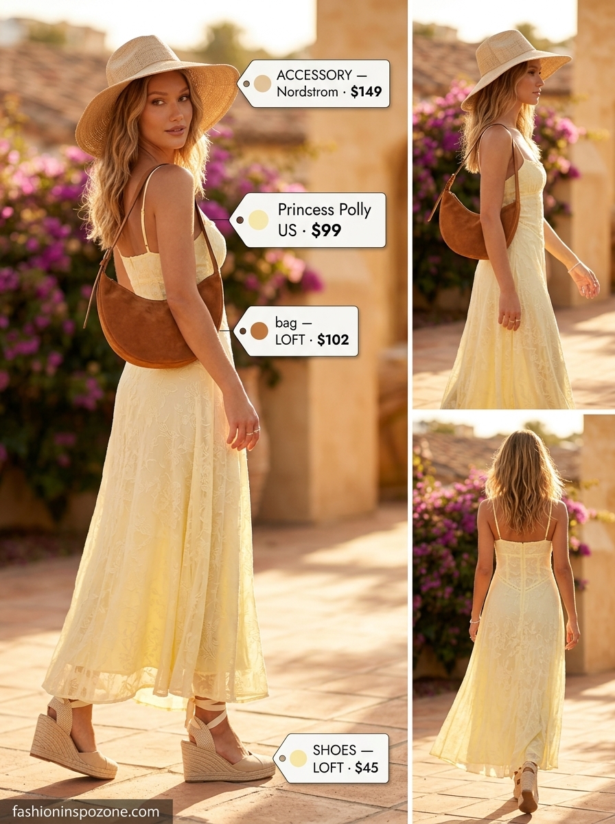 Boho summer maxi dress outfits 2026: Terracotta dress with espadrille wedges and straw hat for a chic evening.