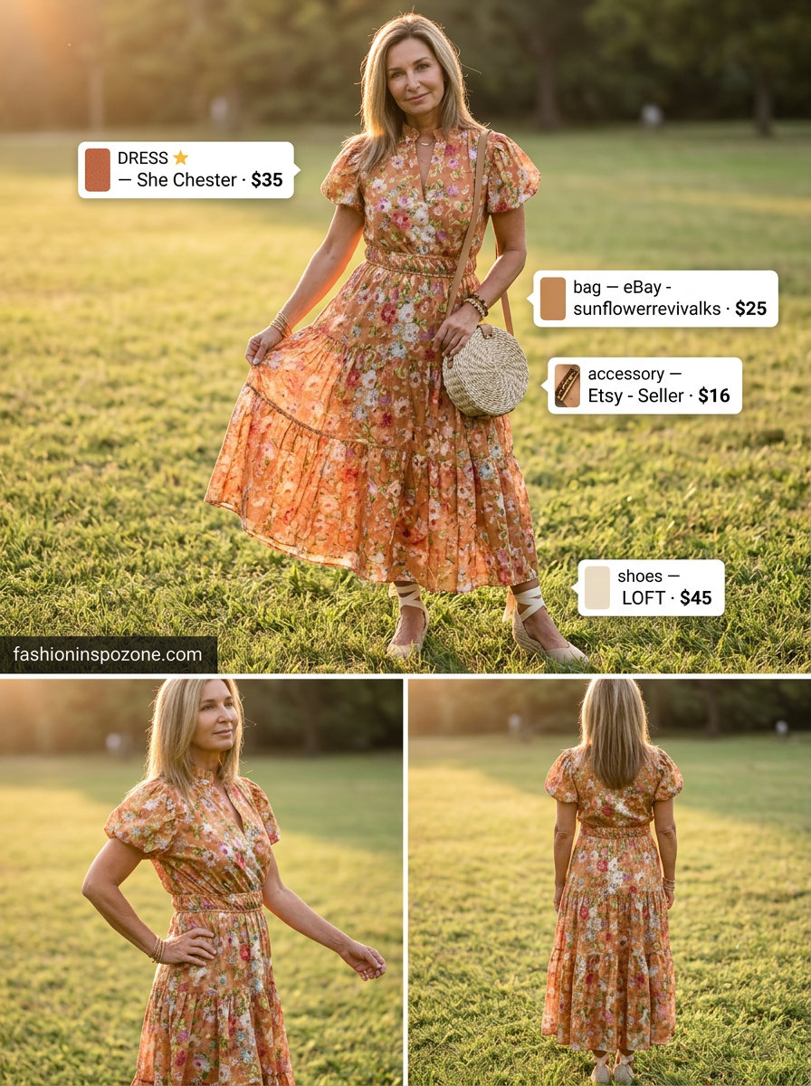 Boho summer maxi dress outfits 2026: Terracotta floral dress, woven wedges, straw bag for festival.