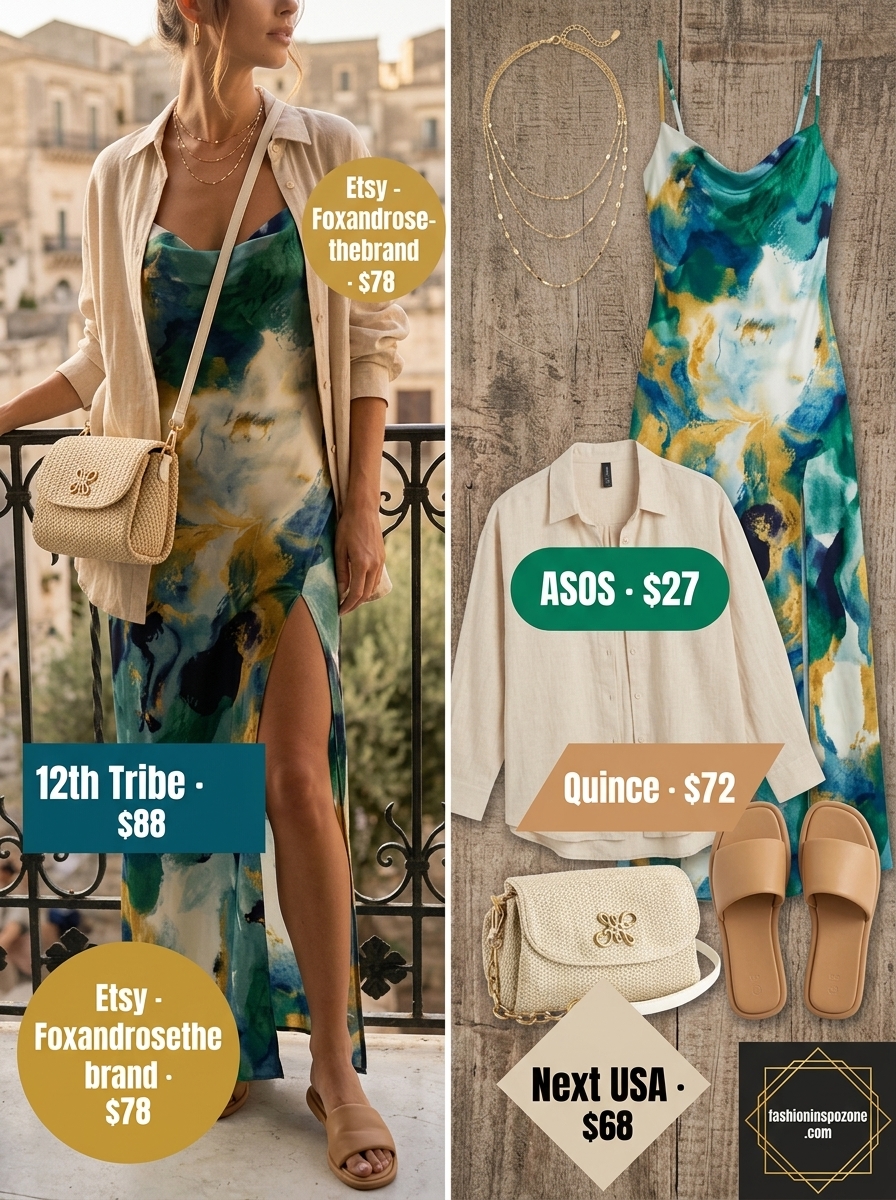 Boho summer maxi dress outfits 2026: Linen set with leather slides, raffia bag, and gold necklaces for vacation.