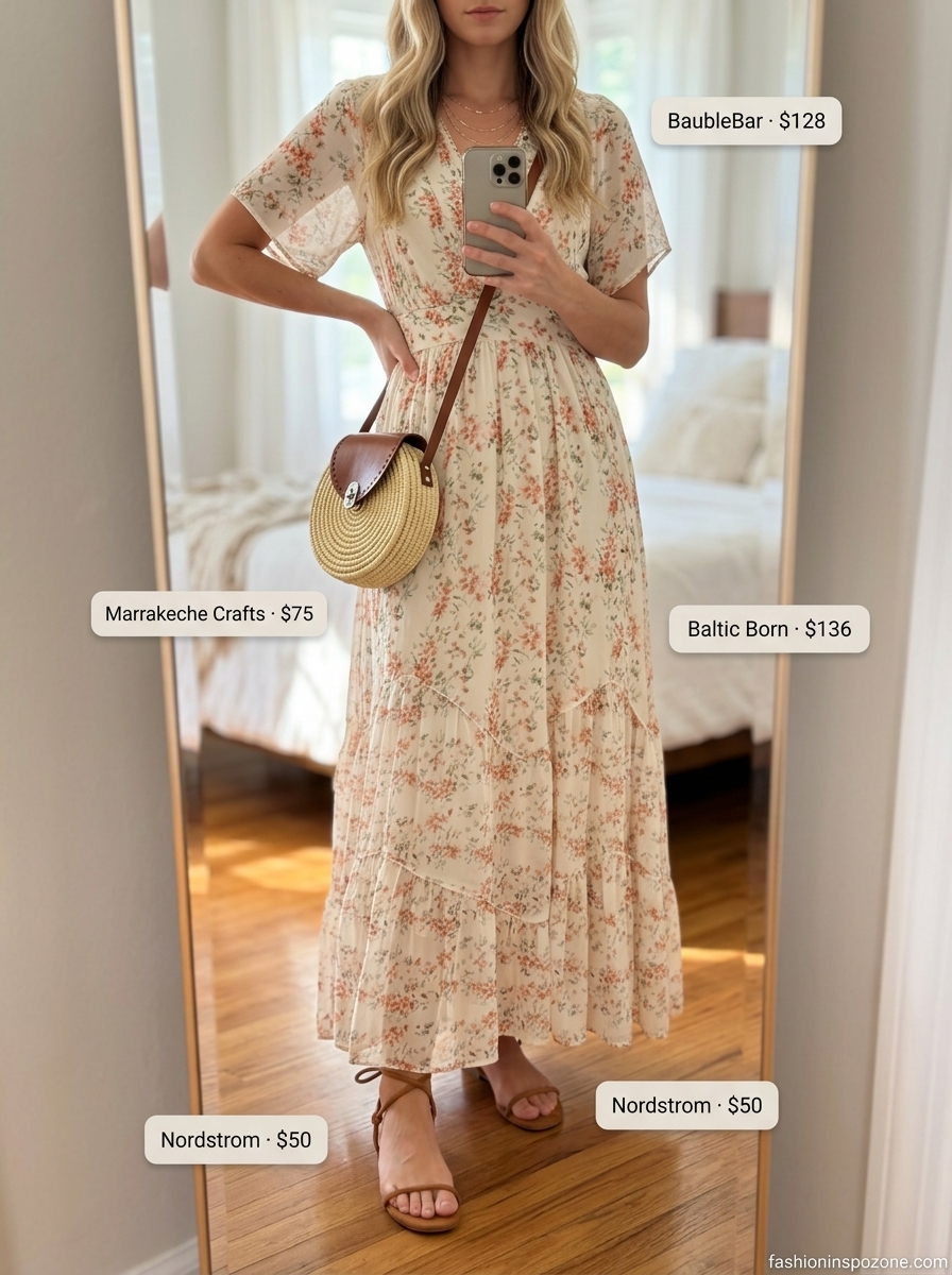 Boho summer maxi dress outfits 2026: Pastel floral maxi dress with gold necklaces, tan sandals, and straw crossbody for weddings.