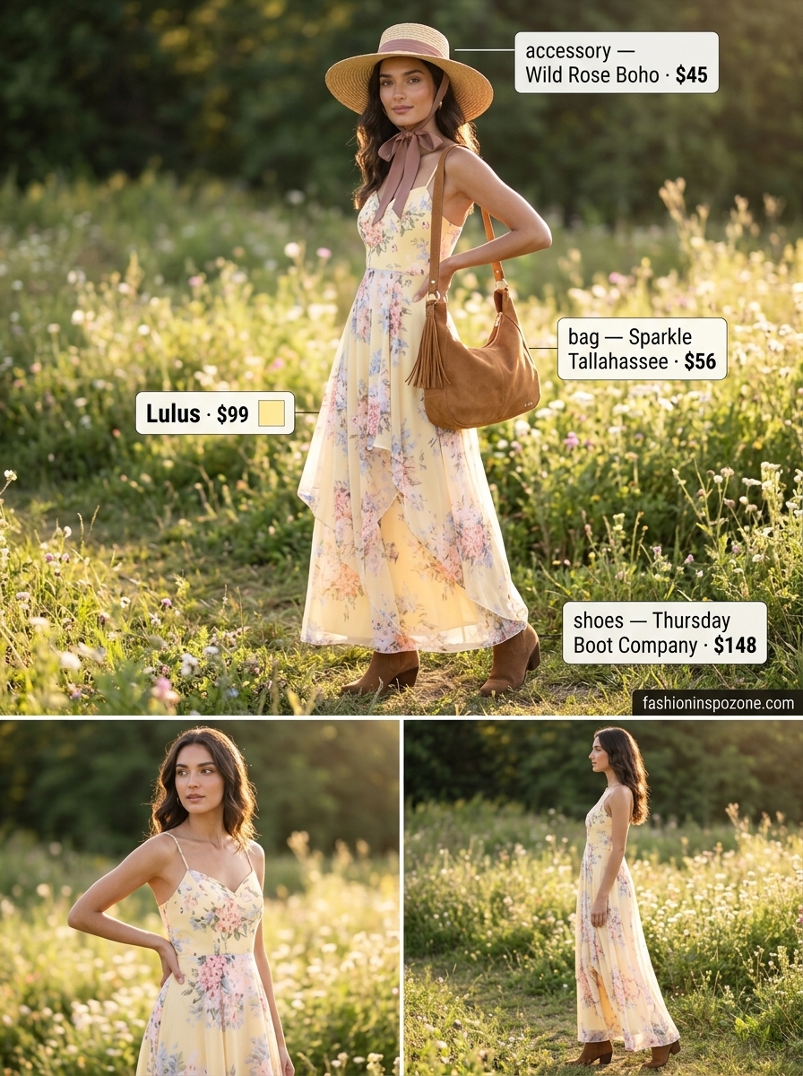 Boho summer maxi dress outfits 2026: Yellow floral dress, suede boots, straw hat for picnic.
