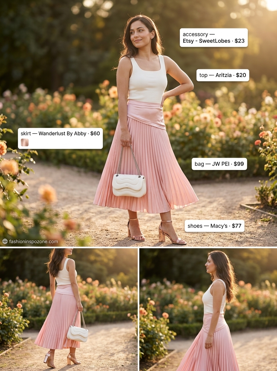 Blush Garden Stroll: Breathable Summer Outfits 2026 Blush pink pleated midi skirt and ivory top, breathable hot summer outfits for women 2026. Garden party style.