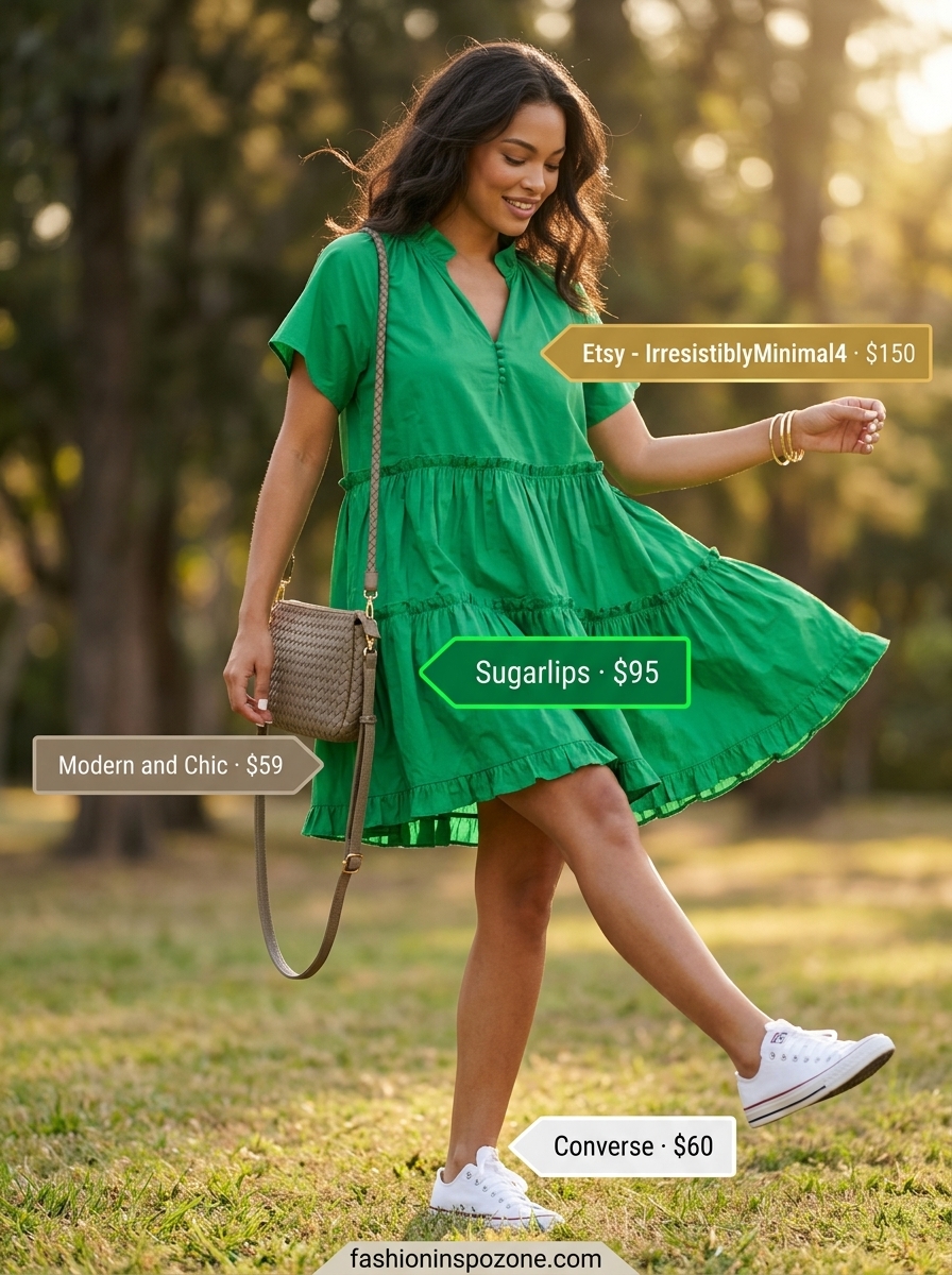 Bright & Breezy Day: Summer Outfits for Women 2026 Breathable hot summer outfits for women 2026: Bright green cotton sundress, white sneakers, and woven crossbody for a fresh look.