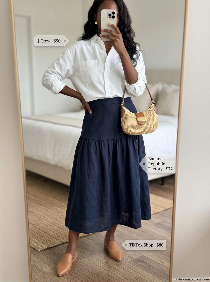 Chic City Commuter: Breathable Summer Outfits 2026 Navy midi skirt and white oversized shirt, breathable hot summer outfits for women 2026. Creative office style.