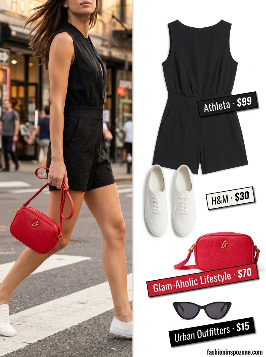 Breathable Hot Summer Outfits 2026: Casual City Romper Breathable hot summer outfits for women 2026: Black utility romper, white sneakers, red crossbody for city walks.