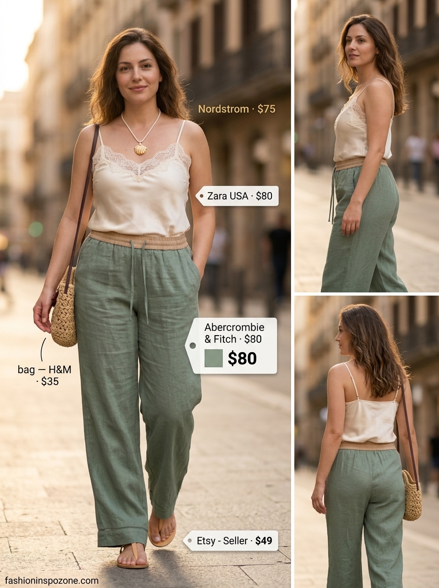 Coastal Linen Dream: Breathable Summer Outfits 2026 Breathable hot summer outfits for women 2026: Sage green linen pants, cream camisole, and tan sandals for coastal evening elegance.