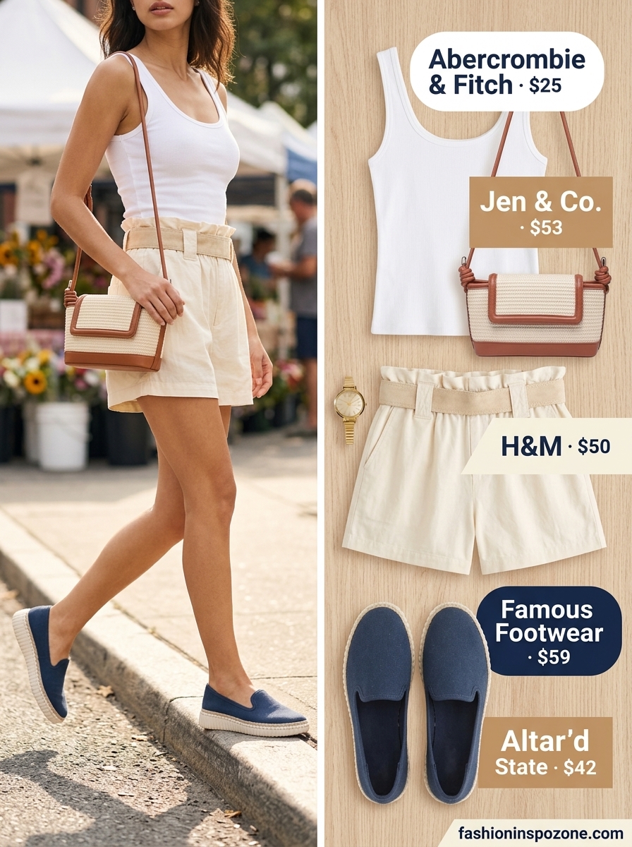 Breathable Hot Summer Outfits 2026: Farmer's Market Style Breathable hot summer outfits for women 2026: Khaki linen shorts, white tank, navy espadrilles for a farmer's market look.