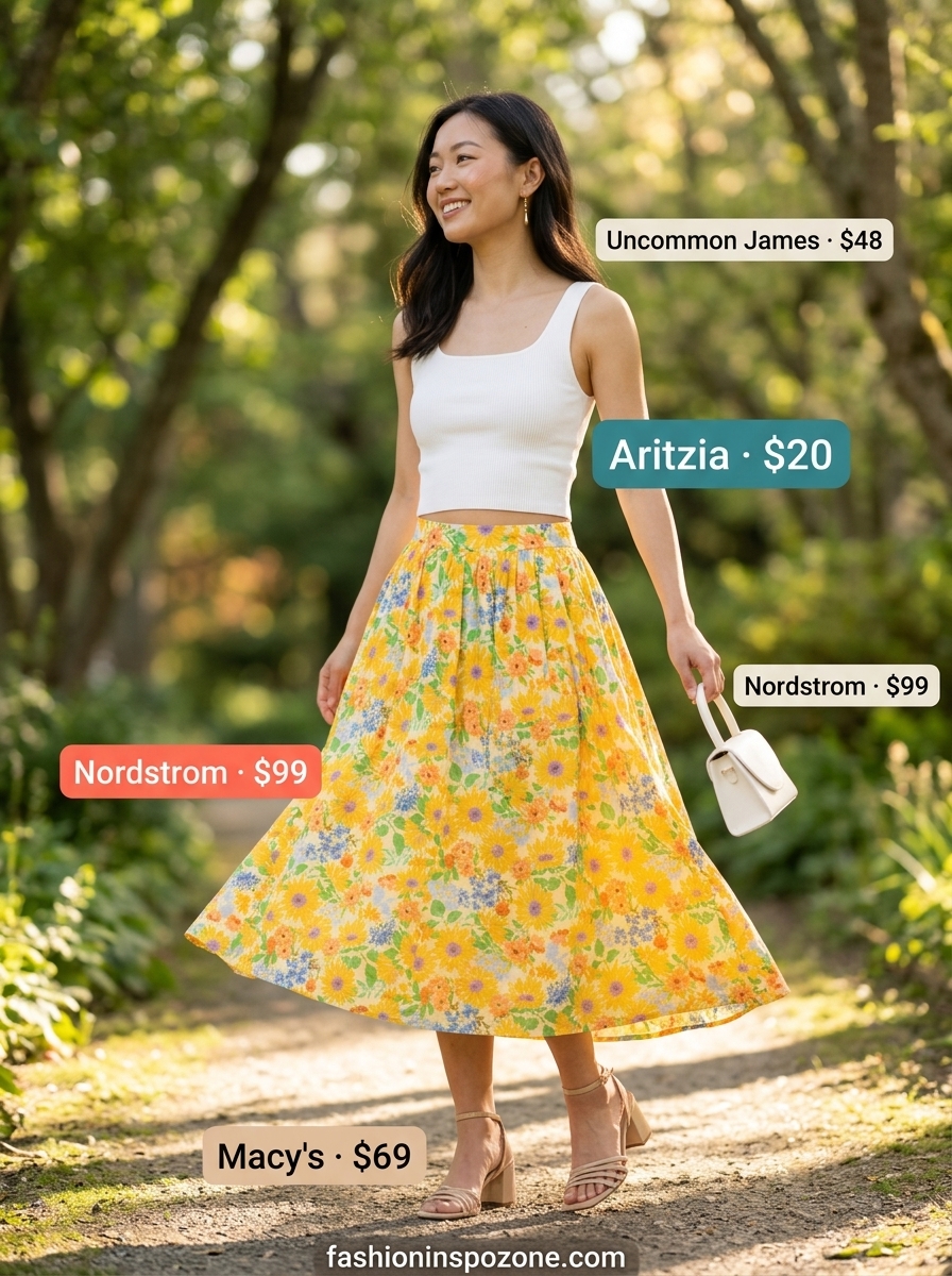 Breathable Hot Summer Outfits 2026: Garden Party Glam Breathable hot summer outfits for women 2026: Floral midi skirt, white tank, nude heels for a garden party.