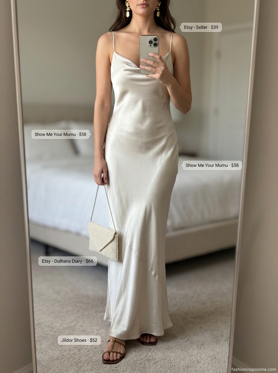 Golden Hour Glam: Breathable Summer Outfits 2026 Champagne satin maxi dress and bronze sandals, breathable hot summer outfits for women 2026. Evening event style.