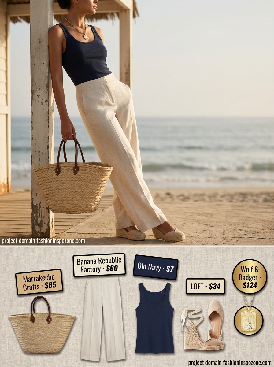 Riviera Rendezvous: Chic Summer Pants 2026 Breathable hot summer outfits for women 2026: Ivory linen pants, navy tank, tan espadrilles for sophisticated Riviera style.