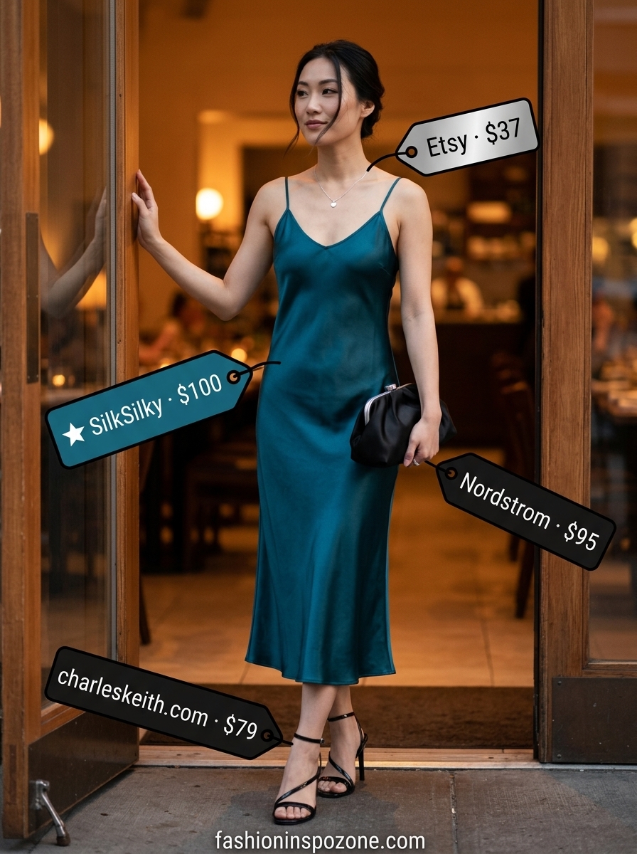 Midnight Riviera: Breathable Summer Outfits 2026 Deep teal slip dress and black sandals, breathable hot summer outfits for women 2026. Date night style.