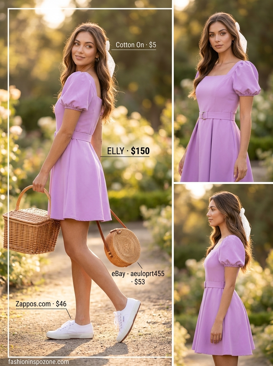 Breathable Hot Summer Outfits 2026: Picnic Perfect Dress Breathable hot summer outfits for women 2026: Lavender babydoll dress, white sneakers, wicker bag for a picnic.