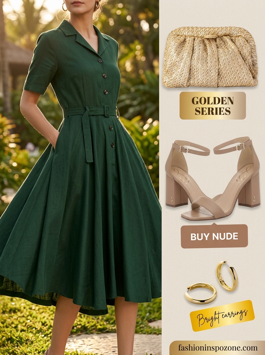 Breathable Hot Summer Outfits 2026: Resort Dinner Elegance Breathable hot summer outfits for women 2026: Emerald green midi shirt dress, gold accessories for a resort dinner.