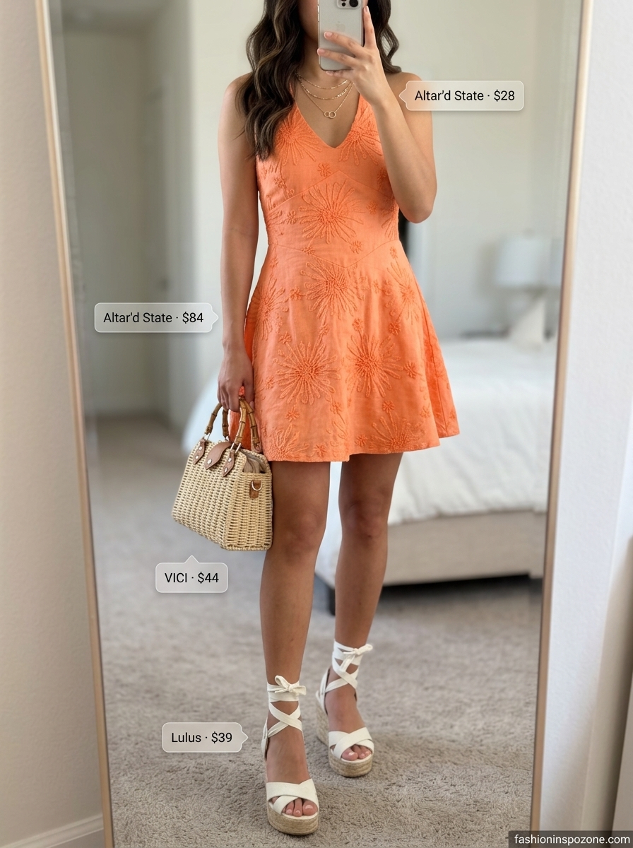 Coral floral mini dress and cream espadrilles, breathable hot summer outfits for women 2026. Garden party style.