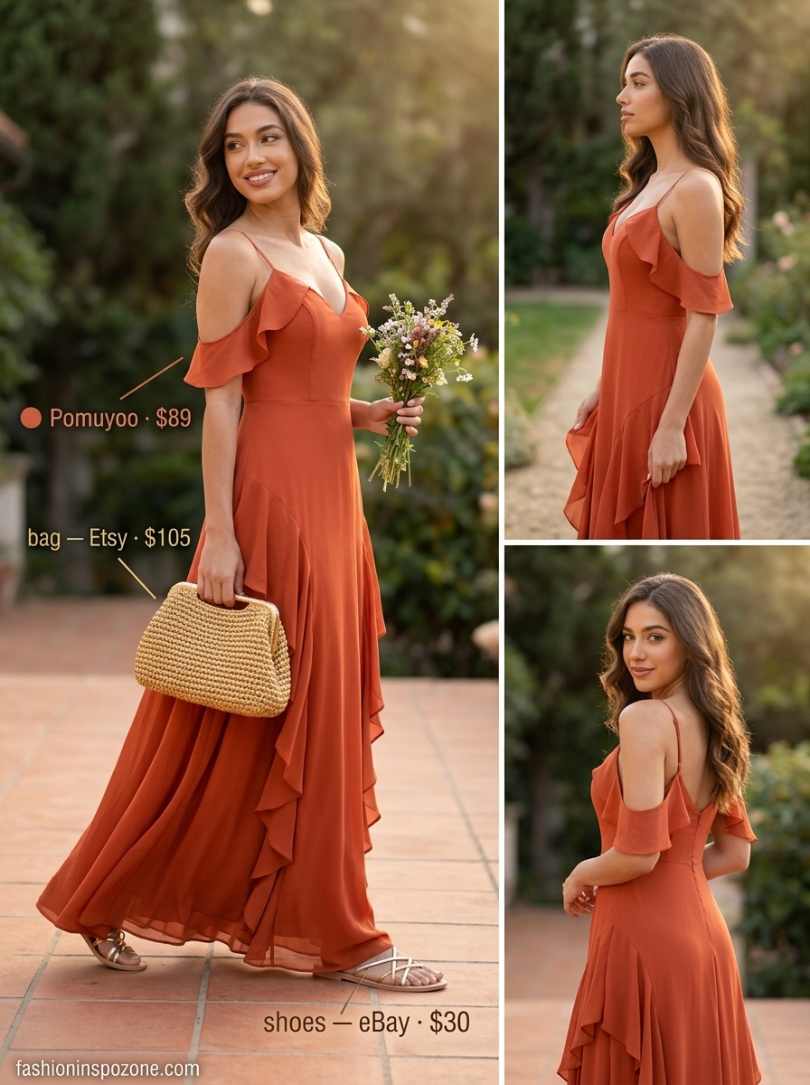 Terracotta Sunset Soiree: Summer Outfits 2026 Breathable hot summer outfits for women 2026: Terracotta maxi dress, bronze sandals, and straw hat for an earthy evening vibe.