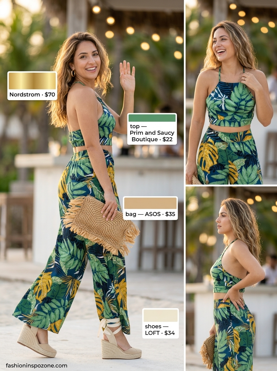 Tropical Resort Glam: Summer Matching Sets 2026 Breathable hot summer outfits for women 2026: Tropical print matching set, espadrille wedges, and straw clutch for resort glam.