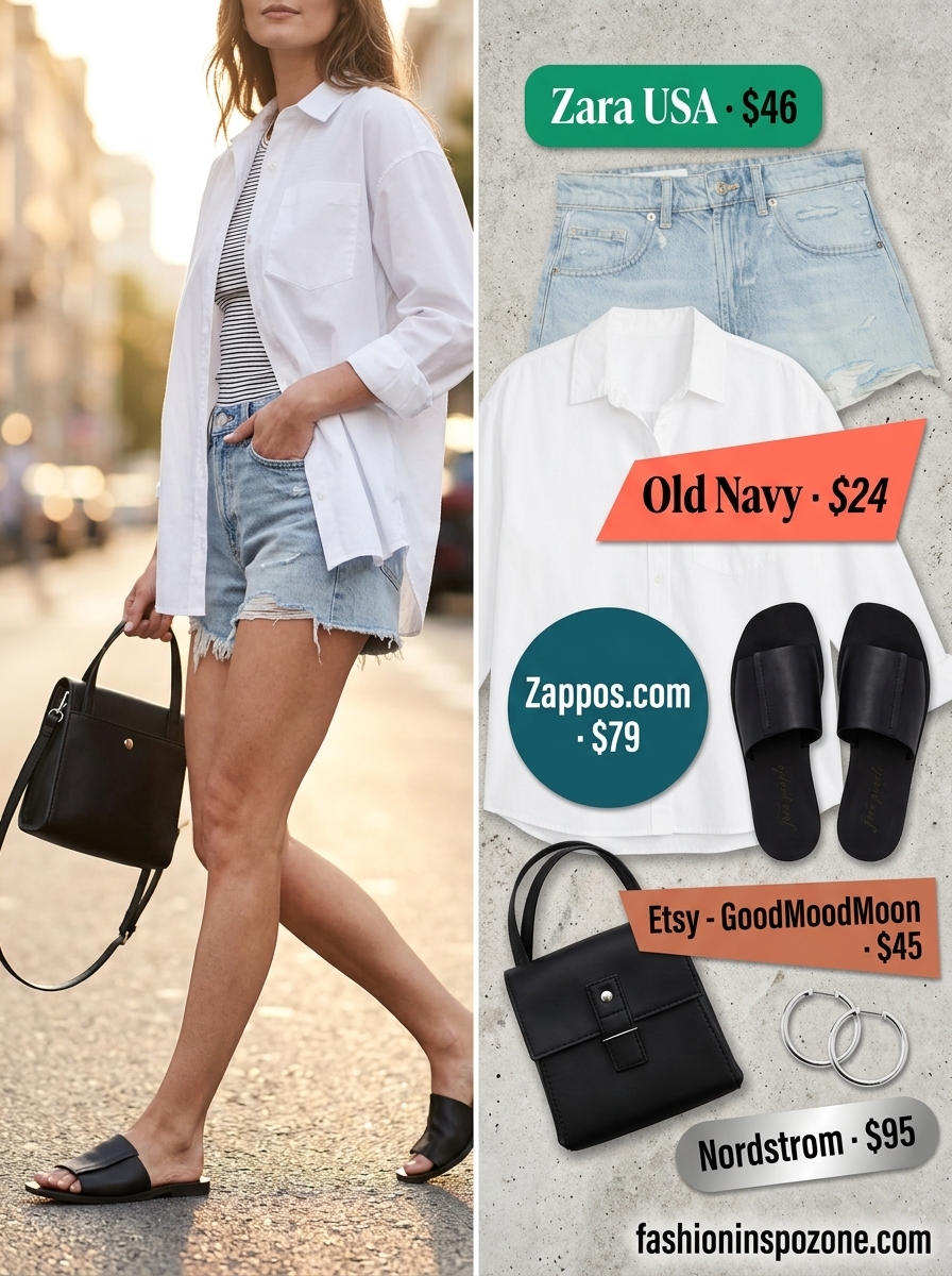 Breathable Hot Summer Outfits 2026: Urban Explorer Chic Breathable hot summer outfits for women 2026: Distressed denim shorts, oversized white shirt, black slides for urban exploring.