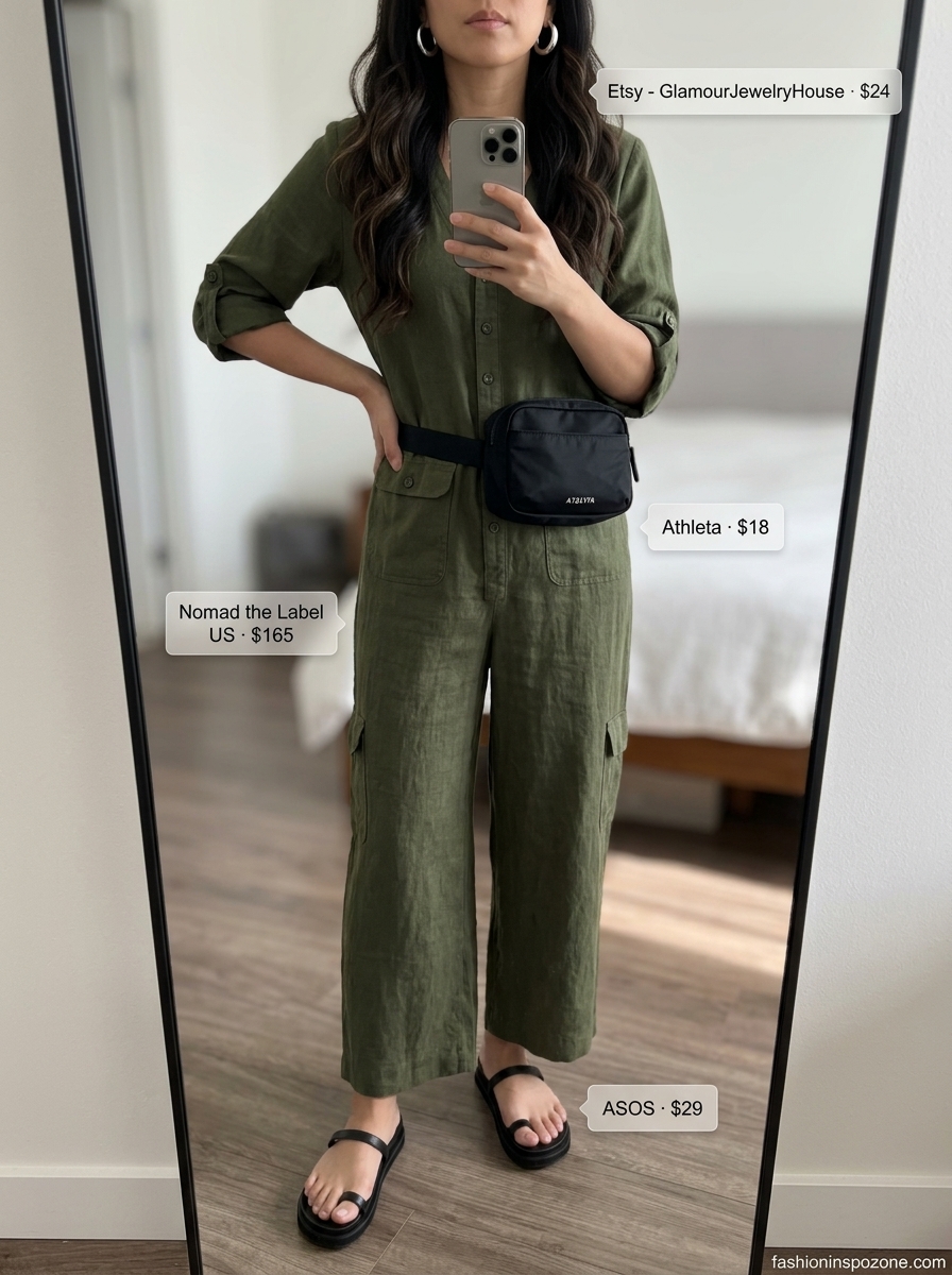 Urban Jungle Explorer: Breathable Summer Outfits 2026 Olive green linen blend jumpsuit and black belt bag, breathable hot summer outfits for women 2026. City sightseeing style.
