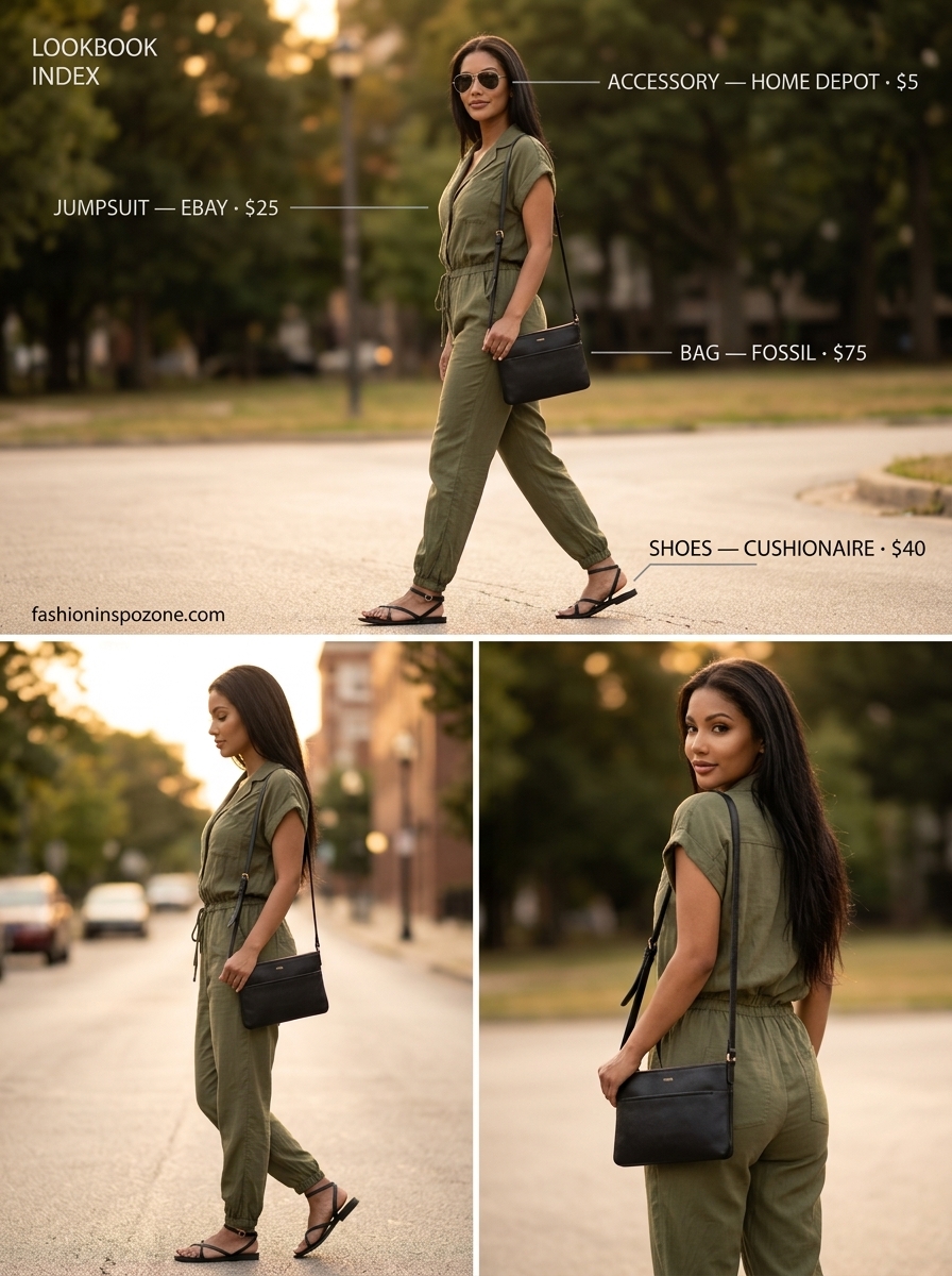 Urban Safari Chic: Breathable Summer Outfits 2026 Olive green utility jumpsuit and black sandals, breathable hot summer outfits for women 2026. City sightseeing style.