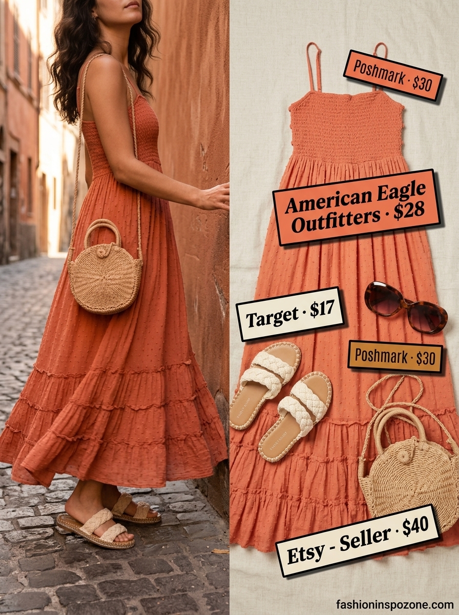 Breathable Hot Summer Outfits 2026: Sundrenched Vacation Style Breathable hot summer outfits for women 2026: Coral maxi dress, cream slides, straw bag for a vacation day.