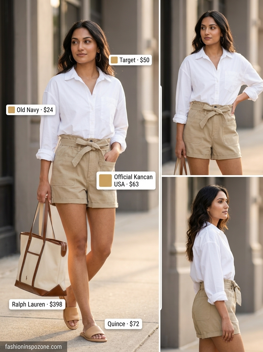 Breathable Hot Summer Outfits 2026: Weekend Market Chic Breathable hot summer outfits for women 2026: Khaki paperbag shorts, white oversized shirt, canvas tote for weekend errands.